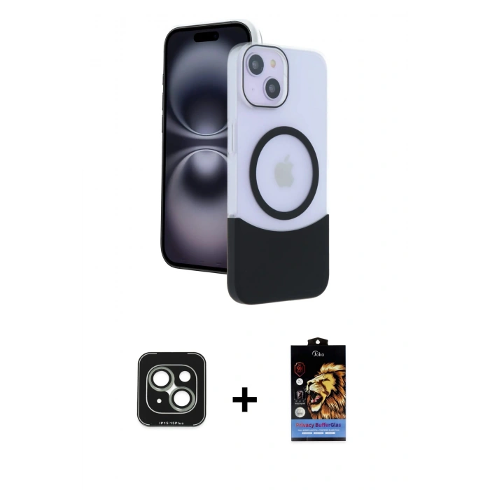 MARSİLYAN™- iPhone 15 Kılıf Kozmos Form Özel Seri - Siyah Buffer Hayalet Cam Ekran Koruyucu + PVD Metal Kamera Lens - YL