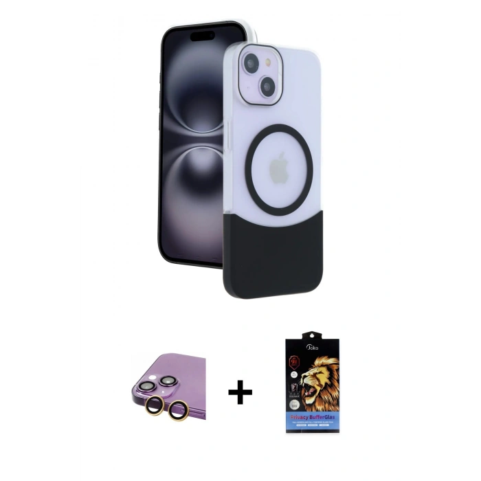 MARSİLYAN™- iPhone 15 Kılıf Kozmos Form Özel Seri - Siyah Buffer Hayalet Cam Ekran Koruyucu + Raze Metal Kamera Lens - SI
