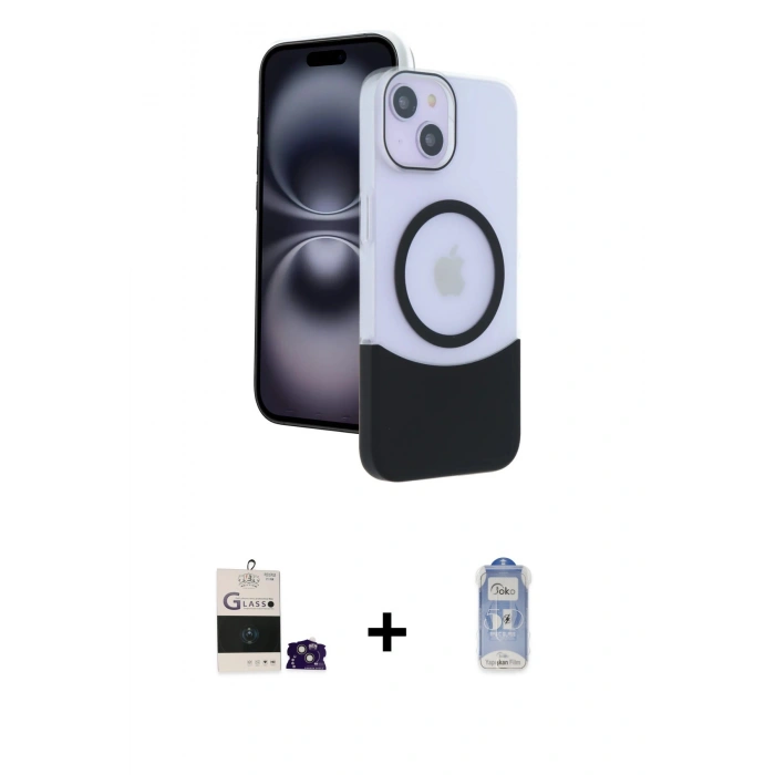 MARSİLYAN™- iPhone 15 Kılıf Kozmos Form Özel Seri - Siyah Joko Magic 5D Cam + Pembe Bilvis Titan Kamera Lens