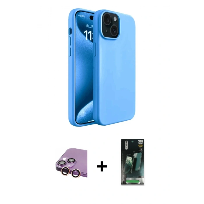 MARSİLYAN™- iPhone 15 Kılıf Kozmos Yansıma Özel Seri - Siyah 360 Mat Full Body Arka Koruyucu + Raze Metal Kamera Lens - PE