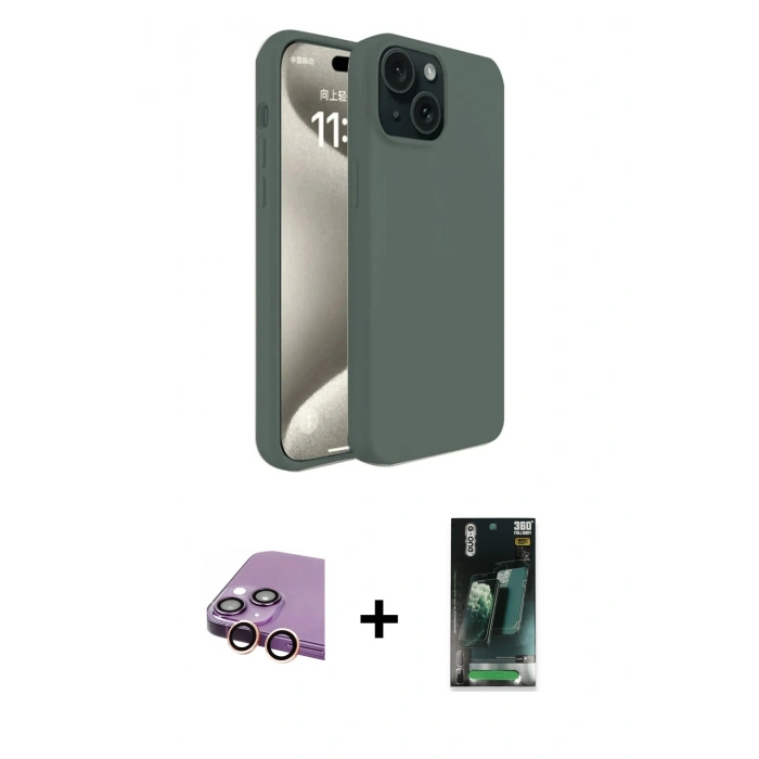MARSİLYAN™- iPhone 15 Kılıf Kozmos Yansıma Özel Seri - Siyah 360 Mat Full Body Arka Koruyucu + Raze Metal Kamera Lens - PE