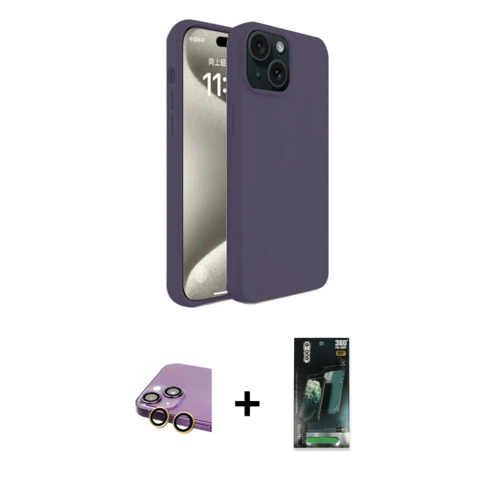 MARSİLYAN™- iPhone 15 Kılıf Kozmos Yansıma Özel Seri - Siyah 360 Mat Full Body Arka Koruyucu + Raze Metal Kamera Lens - SI
