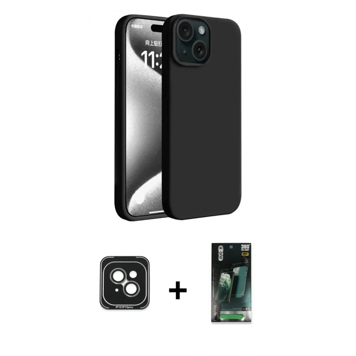MARSİLYAN™- iPhone 15 Kılıf Kozmos Yansıma Özel Seri - Siyah 360 Mat Full Body Arka Koruyucu + PVD Metal Kamera Lens - YL
