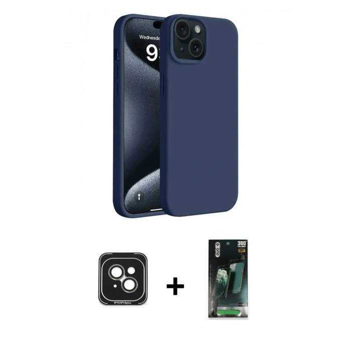 MARSİLYAN™- iPhone 15 Kılıf Kozmos Yansıma Özel Seri - Siyah 360 Mat Full Body Arka Koruyucu + PVD Metal Kamera Lens - YL