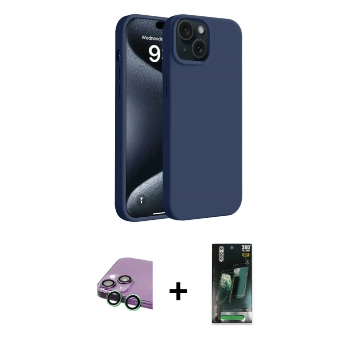 MARSİLYAN™- iPhone 15 Kılıf Kozmos Yansıma Özel Seri - Siyah 360 Mat Full Body Arka Koruyucu + Raze Metal Kamera Lens - YL