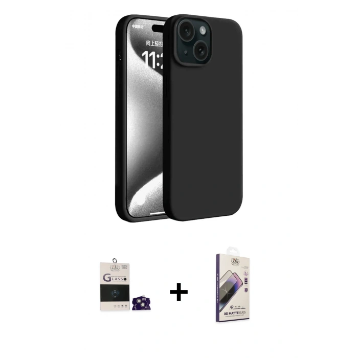 MARSİLYAN™- iPhone 15 Kılıf Kozmos Yansıma Özel Seri - Siyah Bilvis 3D Mat Cam Ekran Koruyucu + Bilvis Titan Kamera Lens - YL