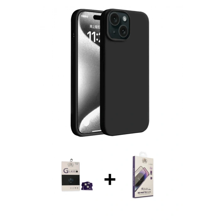 MARSİLYAN™- iPhone 15 Kılıf Kozmos Yansıma Özel Seri - Siyah Bilvis 3D Mat Cam Ekran Koruyucu + Bilvis Titan Kamera Lens - PE
