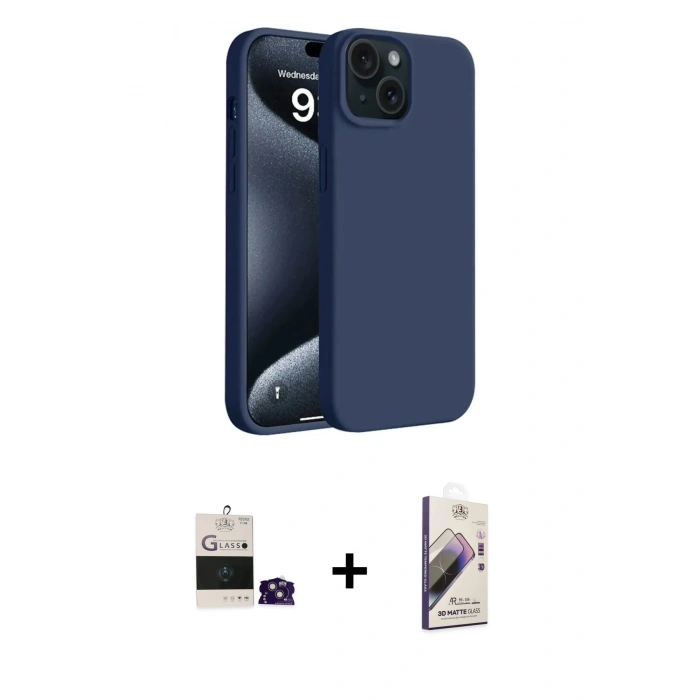 MARSİLYAN™- iPhone 15 Kılıf Kozmos Yansıma Özel Seri - Siyah Bilvis 3D Mat Cam Ekran Koruyucu + Bilvis Titan Kamera Lens - PE