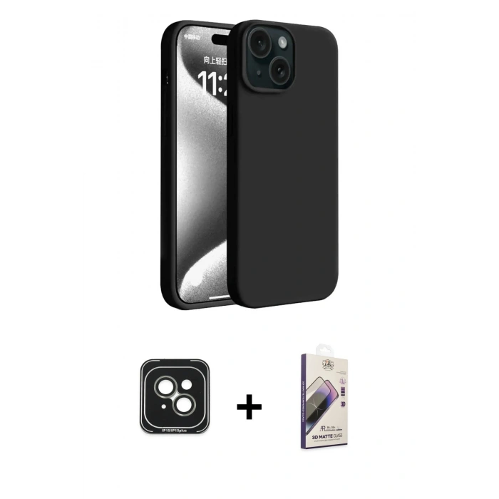MARSİLYAN™- iPhone 15 Kılıf Kozmos Yansıma Özel Seri - Siyah Bilvis 3D Mat Cam Ekran Koruyucu + Yeşil PVD Metal Kamera Lens