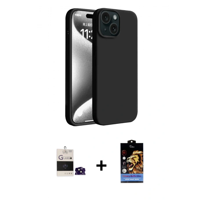 MARSİLYAN™- iPhone 15 Kılıf Kozmos Yansıma Özel Seri - Siyah Buffer Hayalet Cam Ekran Koruyucu + Bilvis Titan Kamera Lens - SH