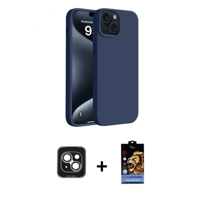 MARSİLYAN™- iPhone 15 Kılıf Kozmos Yansıma Özel Seri - Siyah Buffer Hayalet Cam Ekran Koruyucu + PVD Metal Kamera Lens - YL