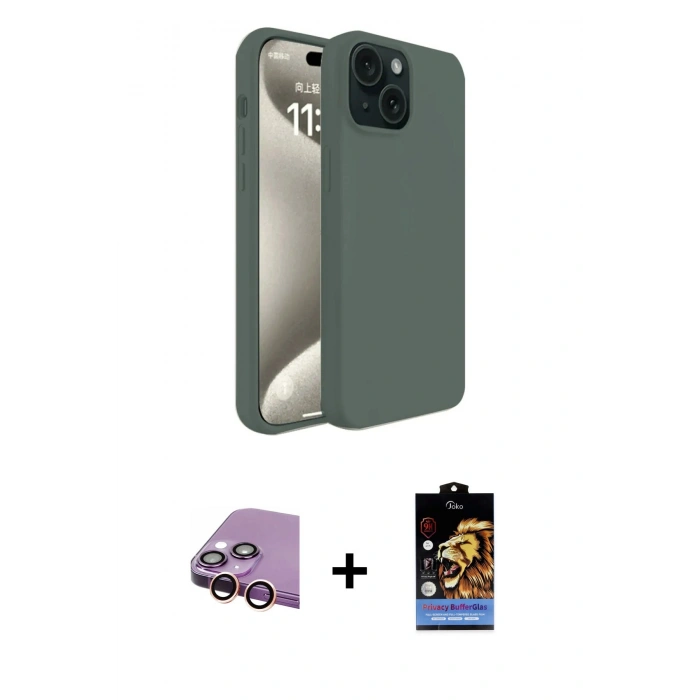 MARSİLYAN™- iPhone 15 Kılıf Kozmos Yansıma Özel Seri - Siyah Buffer Hayalet Cam Ekran Koruyucu + Raze Metal Kamera Lens - PE