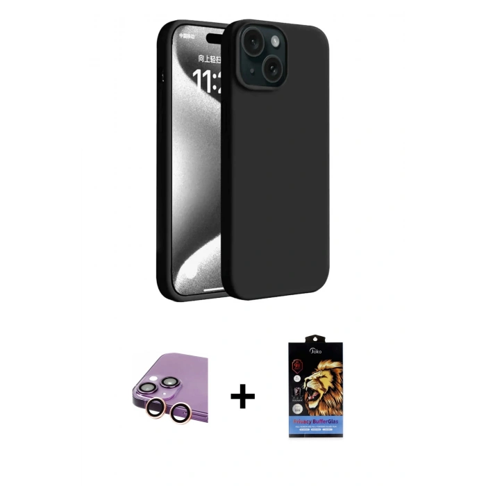 MARSİLYAN™- iPhone 15 Kılıf Kozmos Yansıma Özel Seri - Siyah Buffer Hayalet Cam Ekran Koruyucu + Raze Metal Kamera Lens - PE