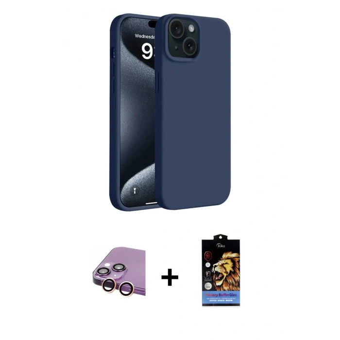 MARSİLYAN™- iPhone 15 Kılıf Kozmos Yansıma Özel Seri - Siyah Buffer Hayalet Cam Ekran Koruyucu + Raze Metal Kamera Lens - PE
