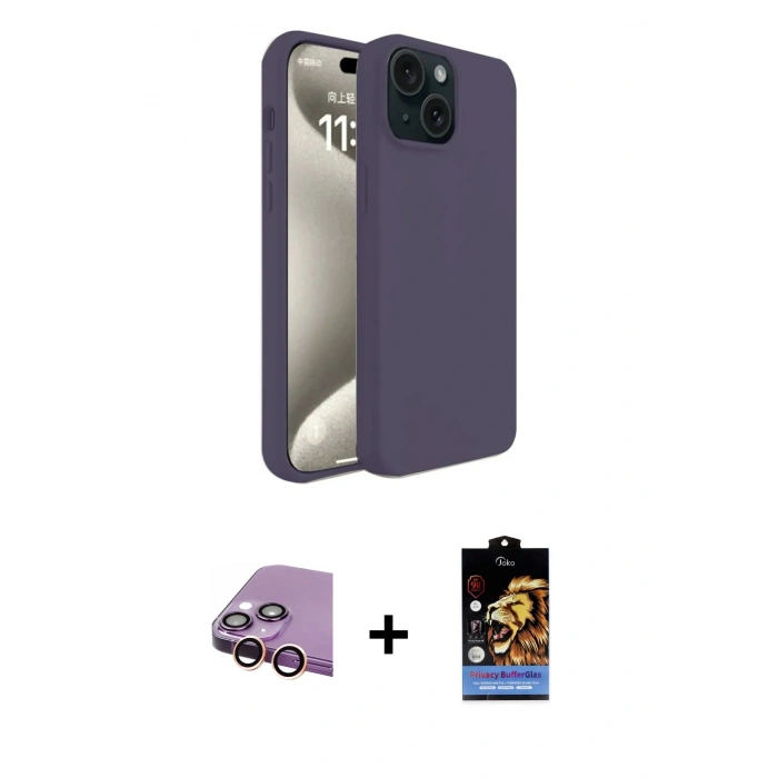 MARSİLYAN™- iPhone 15 Kılıf Kozmos Yansıma Özel Seri - Siyah Buffer Hayalet Cam Ekran Koruyucu + Raze Metal Kamera Lens - PE