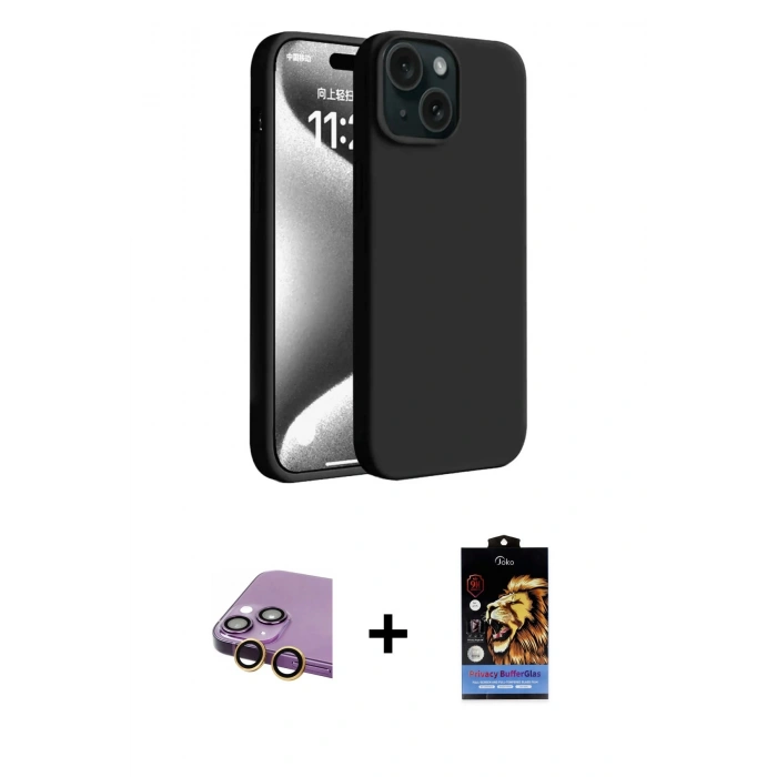 MARSİLYAN™- iPhone 15 Kılıf Kozmos Yansıma Özel Seri - Siyah Buffer Hayalet Cam Ekran Koruyucu + Raze Metal Kamera Lens - SI