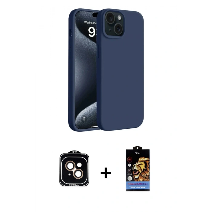 MARSİLYAN™- iPhone 15 Kılıf Kozmos Yansıma Özel Seri - Siyah Buffer Hayalet Cam Ekran Koruyucu + PVD Metal Kamera Lens - TU