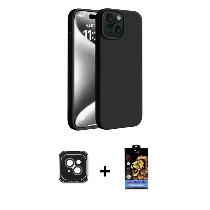 MARSİLYAN™- iPhone 15 Kılıf Kozmos Yansıma Özel Seri - Siyah Buffer Hayalet Cam Ekran Koruyucu + Yeşil PVD Metal Kamera Lens