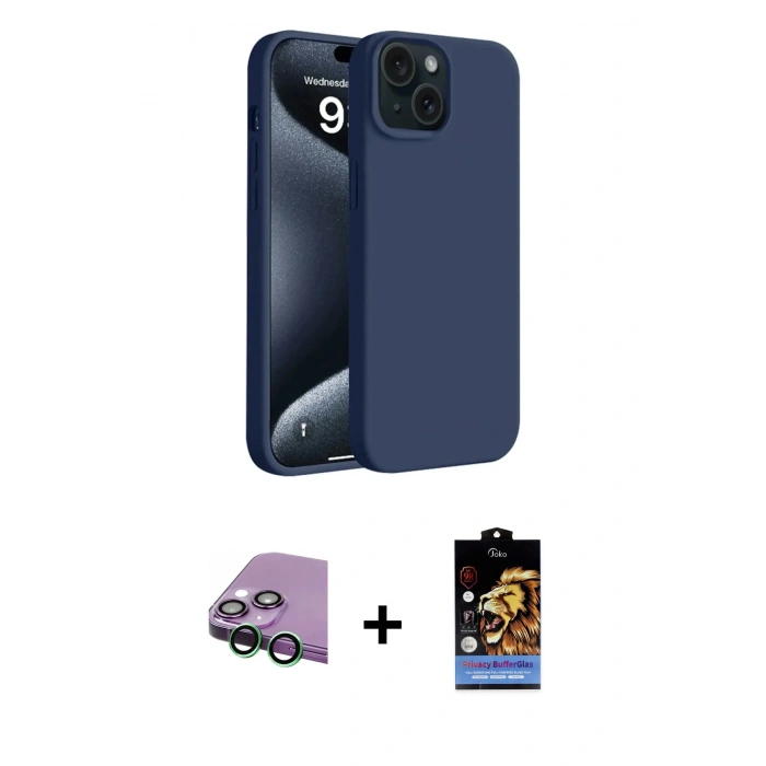 MARSİLYAN™- iPhone 15 Kılıf Kozmos Yansıma Özel Seri - Siyah Buffer Hayalet Cam Ekran Koruyucu + Yeşil Raze Metal Kamera Lens