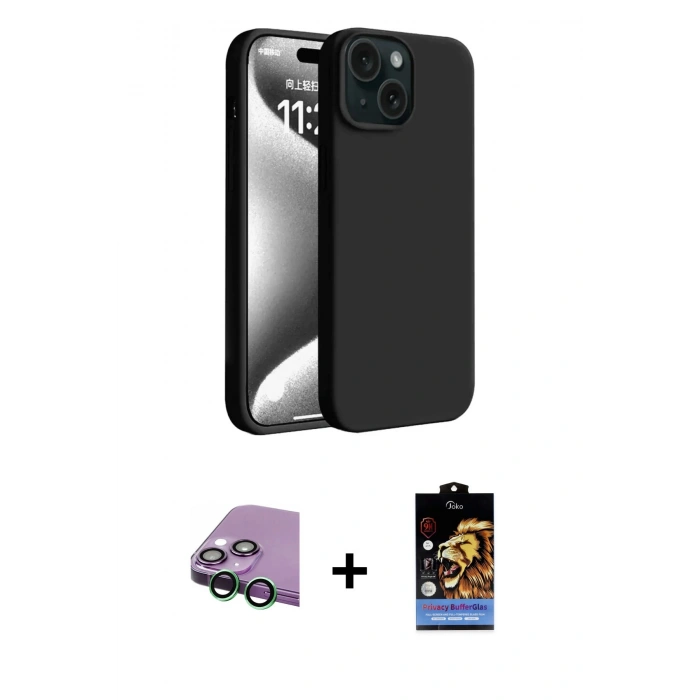 MARSİLYAN™- iPhone 15 Kılıf Kozmos Yansıma Özel Seri - Siyah Buffer Hayalet Cam Ekran Koruyucu + Yeşil Raze Metal Kamera Lens