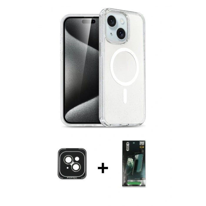 MARSİLYAN™- iPhone 15 Kılıf Nova Asil Prime - Şeffaf 360 Full Body Arka Koruyucu + PVD Metal Kamera Lens - YL