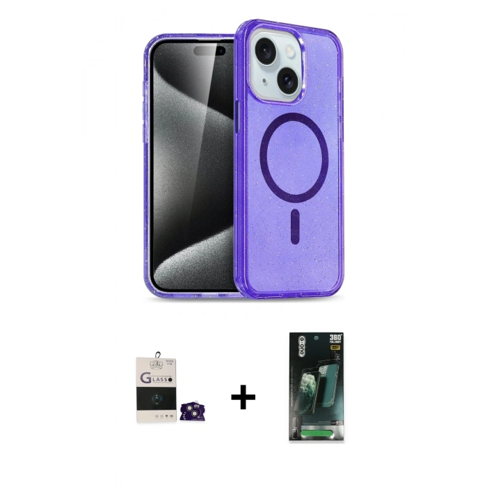 MARSİLYAN™- iPhone 15 Kılıf Nova Asil Prime - Siyah 360 Mat Full Body Arka Koruyucu + Bilvis Titan Kamera Lens - PE