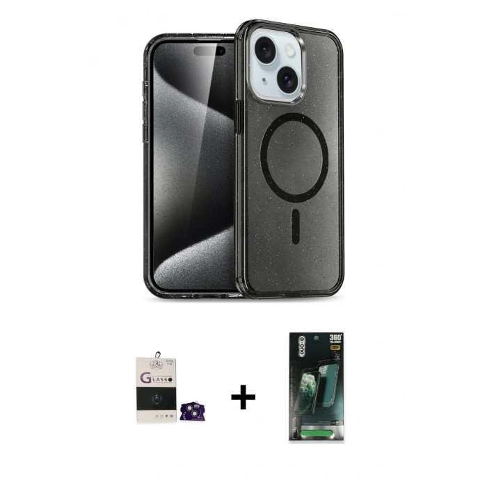MARSİLYAN™- iPhone 15 Kılıf Nova Asil Prime - Siyah 360 Mat Full Body Arka Koruyucu + Bilvis Titan Kamera Lens - PE