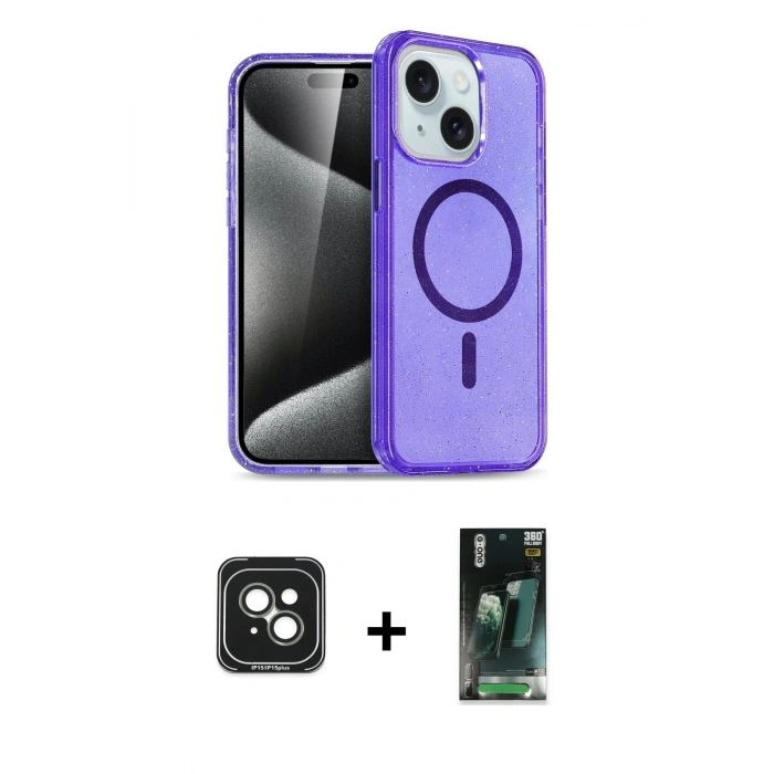 MARSİLYAN™- iPhone 15 Kılıf Nova Asil Prime - Siyah 360 Mat Full Body Arka Koruyucu + PVD Metal Kamera Lens - YL