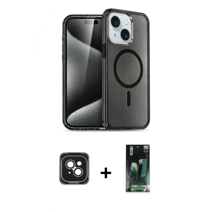 MARSİLYAN™- iPhone 15 Kılıf Nova Asil Prime - Siyah 360 Mat Full Body Arka Koruyucu + PVD Metal Kamera Lens - YL