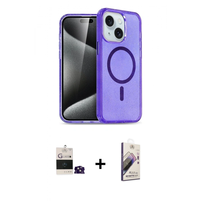 MARSİLYAN™- iPhone 15 Kılıf Nova Asil Prime - Siyah Bilvis 3D Mat Cam Ekran Koruyucu + Bilvis Titan Kamera Lens - PE