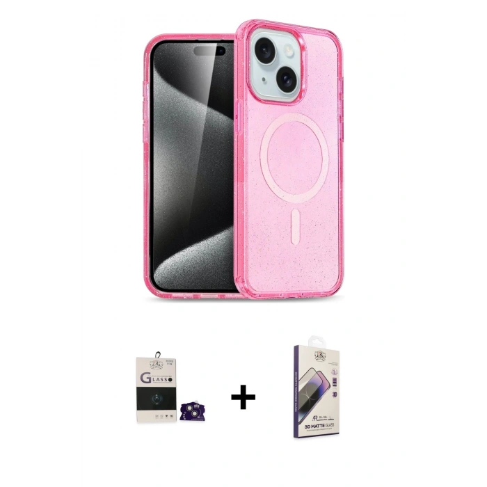 MARSİLYAN™- iPhone 15 Kılıf Nova Asil Prime - Siyah Bilvis 3D Mat Cam Ekran Koruyucu + Bilvis Titan Kamera Lens - PE
