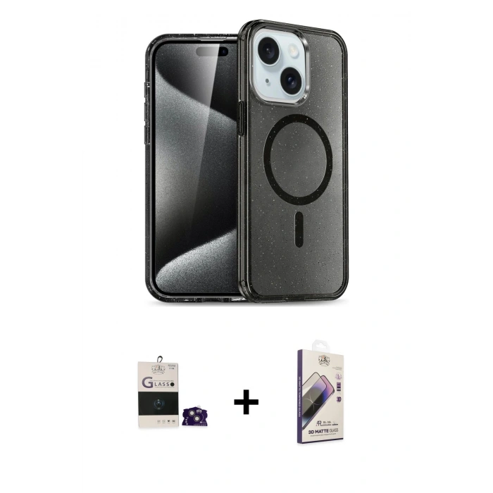 MARSİLYAN™- iPhone 15 Kılıf Nova Asil Prime - Siyah Bilvis 3D Mat Cam Ekran Koruyucu + Bilvis Titan Kamera Lens - PE