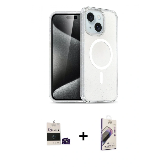 MARSİLYAN™- iPhone 15 Kılıf Nova Asil Prime - Siyah Bilvis 3D Mat Cam Ekran Koruyucu + Bilvis Titan Kamera Lens - PE