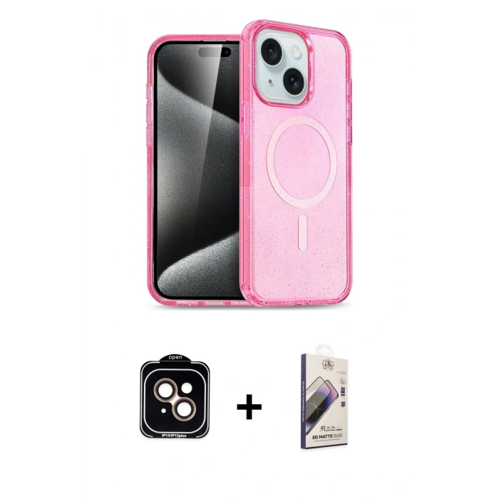 MARSİLYAN™- iPhone 15 Kılıf Nova Asil Prime - Siyah Bilvis 3D Mat Cam Ekran Koruyucu + PVD Metal Kamera Lens - TU