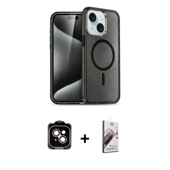 MARSİLYAN™- iPhone 15 Kılıf Nova Asil Prime - Siyah Bilvis 3D Mat Cam Ekran Koruyucu + PVD Metal Kamera Lens - TU