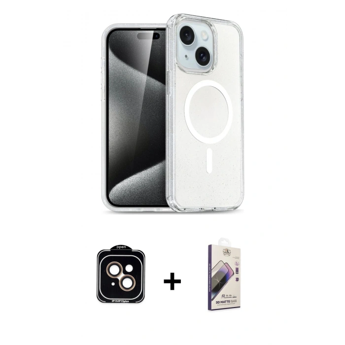 MARSİLYAN™- iPhone 15 Kılıf Nova Asil Prime - Siyah Bilvis 3D Mat Cam Ekran Koruyucu + PVD Metal Kamera Lens - TU