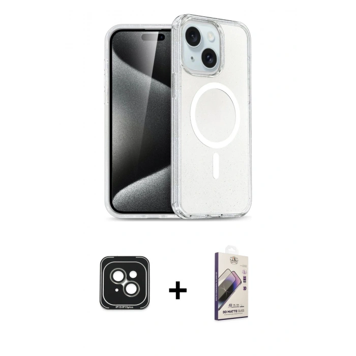 MARSİLYAN™- iPhone 15 Kılıf Nova Asil Prime - Siyah Bilvis 3D Mat Cam Ekran Koruyucu + PVD Metal Kamera Lens - YL