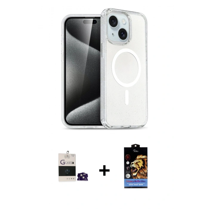 MARSİLYAN™- iPhone 15 Kılıf Nova Asil Prime - Siyah Buffer Hayalet Cam Ekran Koruyucu + Bilvis Titan Kamera Lens - PE