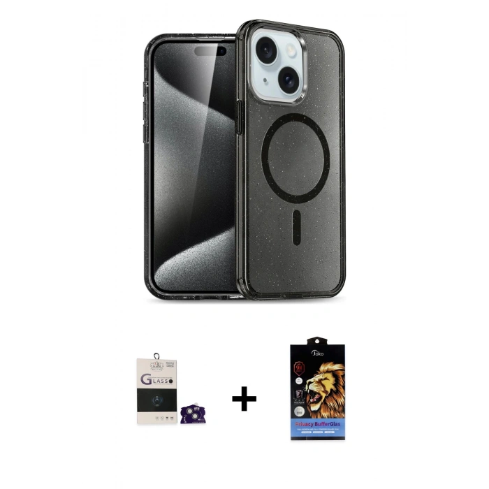 MARSİLYAN™- iPhone 15 Kılıf Nova Asil Prime - Siyah Buffer Hayalet Cam Ekran Koruyucu + Bilvis Titan Kamera Lens - YL