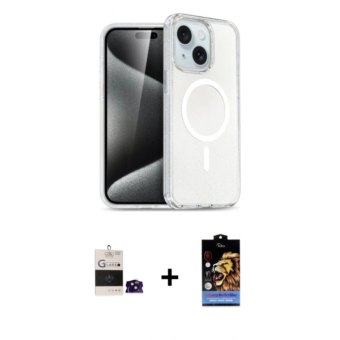 MARSİLYAN™- iPhone 15 Kılıf Nova Asil Prime - Siyah Buffer Hayalet Cam Ekran Koruyucu + Bilvis Titan Kamera Lens - SH