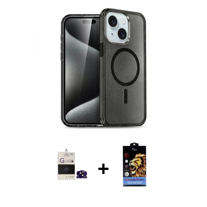 MARSİLYAN™- iPhone 15 Kılıf Nova Asil Prime - Siyah Buffer Hayalet Cam Ekran Koruyucu + Bilvis Titan Kamera Lens - SH