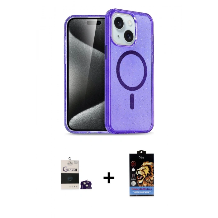 MARSİLYAN™- iPhone 15 Kılıf Nova Asil Prime - Siyah Buffer Hayalet Cam Ekran Koruyucu + Bilvis Titan Kamera Lens - YL