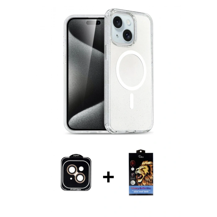 MARSİLYAN™- iPhone 15 Kılıf Nova Asil Prime - Siyah Buffer Hayalet Cam Ekran Koruyucu + PVD Metal Kamera Lens - TU