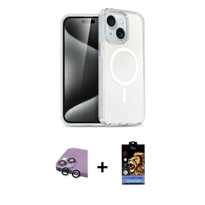 MARSİLYAN™- iPhone 15 Kılıf Nova Asil Prime - Siyah Buffer Hayalet Cam Ekran Koruyucu + Raze Metal Kamera Lens - YL