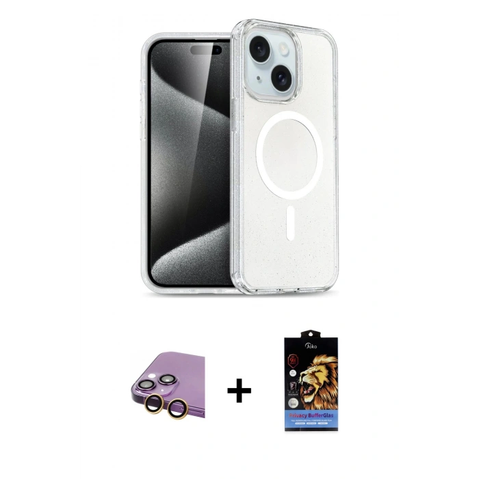MARSİLYAN™- iPhone 15 Kılıf Nova Asil Prime - Siyah Buffer Hayalet Cam Ekran Koruyucu + Raze Metal Kamera Lens - SI