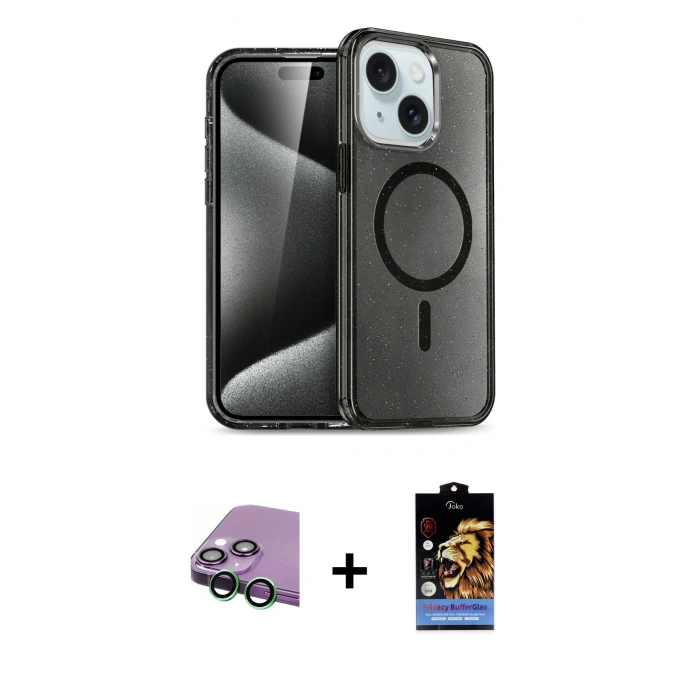MARSİLYAN™- iPhone 15 Kılıf Nova Asil Prime - Siyah Buffer Hayalet Cam Ekran Koruyucu + Raze Metal Kamera Lens - YL