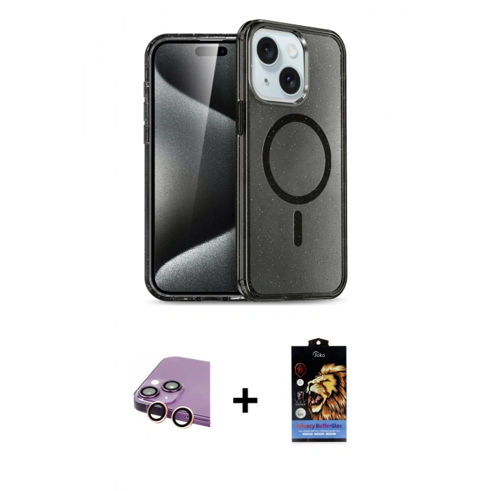 MARSİLYAN™- iPhone 15 Kılıf Nova Asil Prime - Siyah Buffer Hayalet Cam Ekran Koruyucu + Raze Metal Kamera Lens - PE