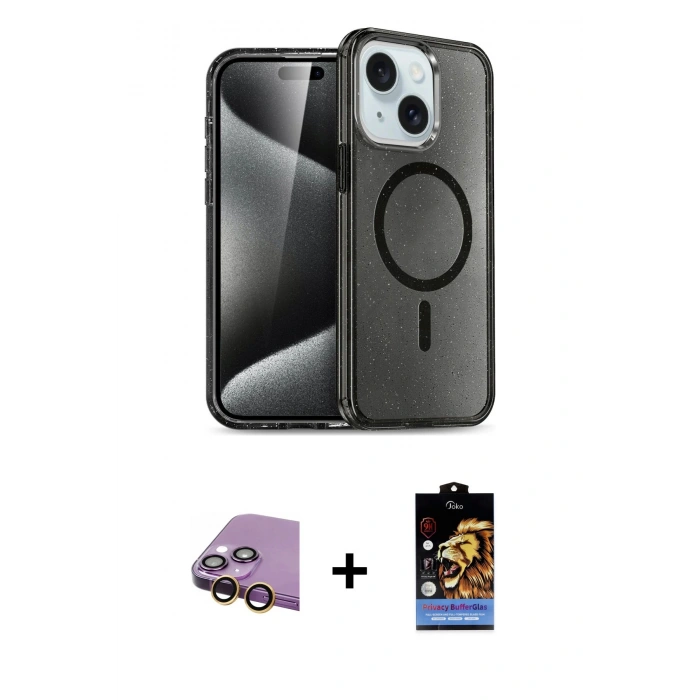 MARSİLYAN™- iPhone 15 Kılıf Nova Asil Prime - Siyah Buffer Hayalet Cam Ekran Koruyucu + Raze Metal Kamera Lens - SI