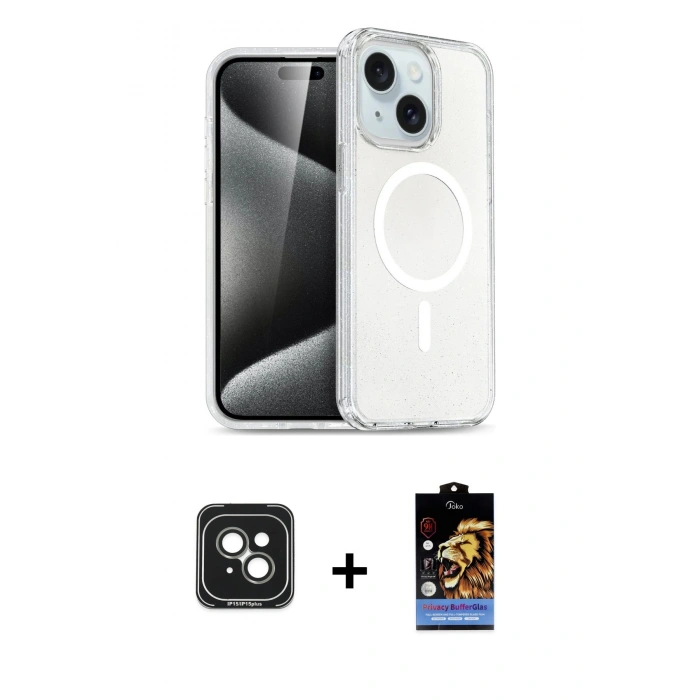 MARSİLYAN™- iPhone 15 Kılıf Nova Asil Prime - Siyah Buffer Hayalet Cam Ekran Koruyucu + PVD Metal Kamera Lens - YL