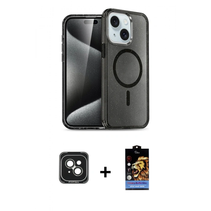 MARSİLYAN™- iPhone 15 Kılıf Nova Asil Prime - Siyah Buffer Hayalet Cam Ekran Koruyucu + PVD Metal Kamera Lens - YL